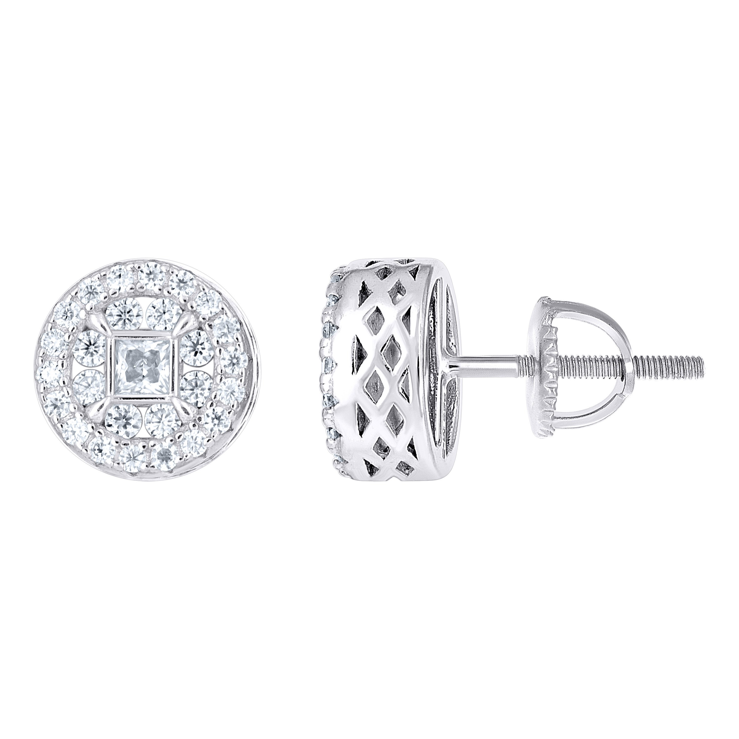 925 Sterling Silver Unisex Round Princess-Cut Cubic-Zirconia Round Stud Earrings